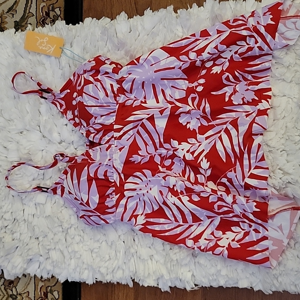Kona Sol red white lavender leaf print tankini top pad bra adjustable S 4-6…New